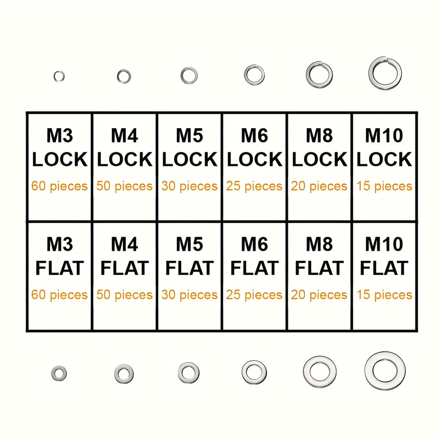 Zimir Unterlegscheiben-Set aus Edelstahl in Silber, 400 Stück bestehend aus 200 flachen Unterlegscheiben und 200 Federscheiben für M3 M4 M5 M6 M8 M10 - Bild 2