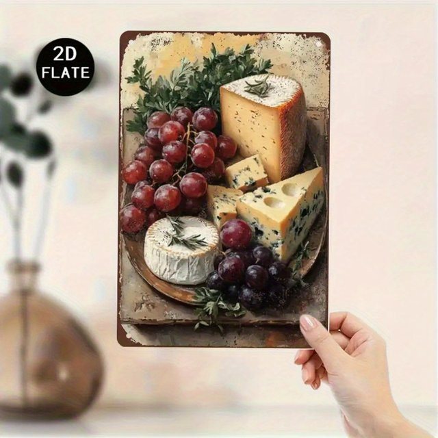 MINISO Metallschild Vintage Cheese & Grapes Still Life Wanddeko Multicolour B: 30,0 cm, H: 20,0 cm, T: 1,0 cm - Bild 1