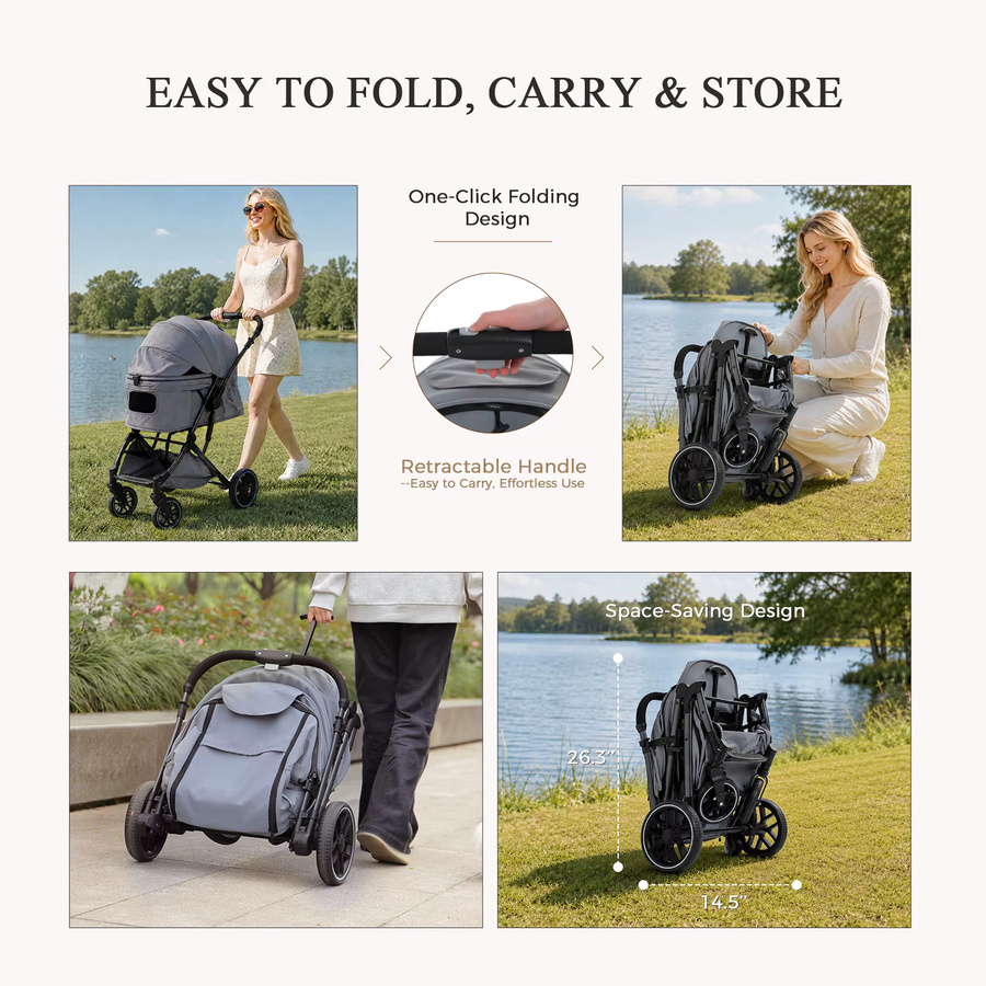 PAWZ Road Faltbarer Haustier-Kinderwagen für Hunde und Katzen in Grau mit Ein-Klick-Faltmechanismus, umkehrbarem Griff und Zubehör - Bild 6