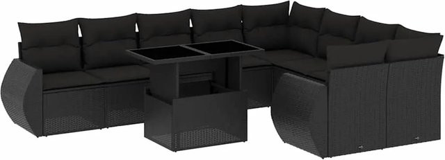 vidaXL 10-tlg. Garten-Sofagarnitur in L-Form aus Poly-Rattan mit Kissen, Schwarz - Bild 1