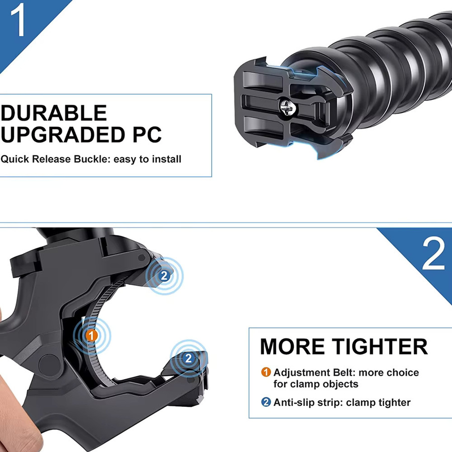 VeFly Flex-Klemme mit 8 Gelenken und Backenhalterung, verstellbare Schwanenhalshalterung für GoPro Hero 12 11 10 9 8 7 6 5 4, Insta 360 und DJI Action Kameras, Schwarz - Bild 4