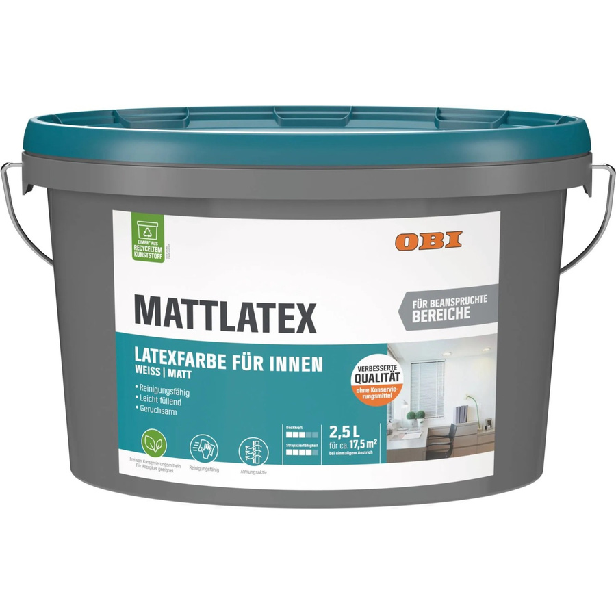 OBI Mattlatex Wandfarbe Weiß-Matt, konservierungsmittelfrei, 2,5 l - Bild 2