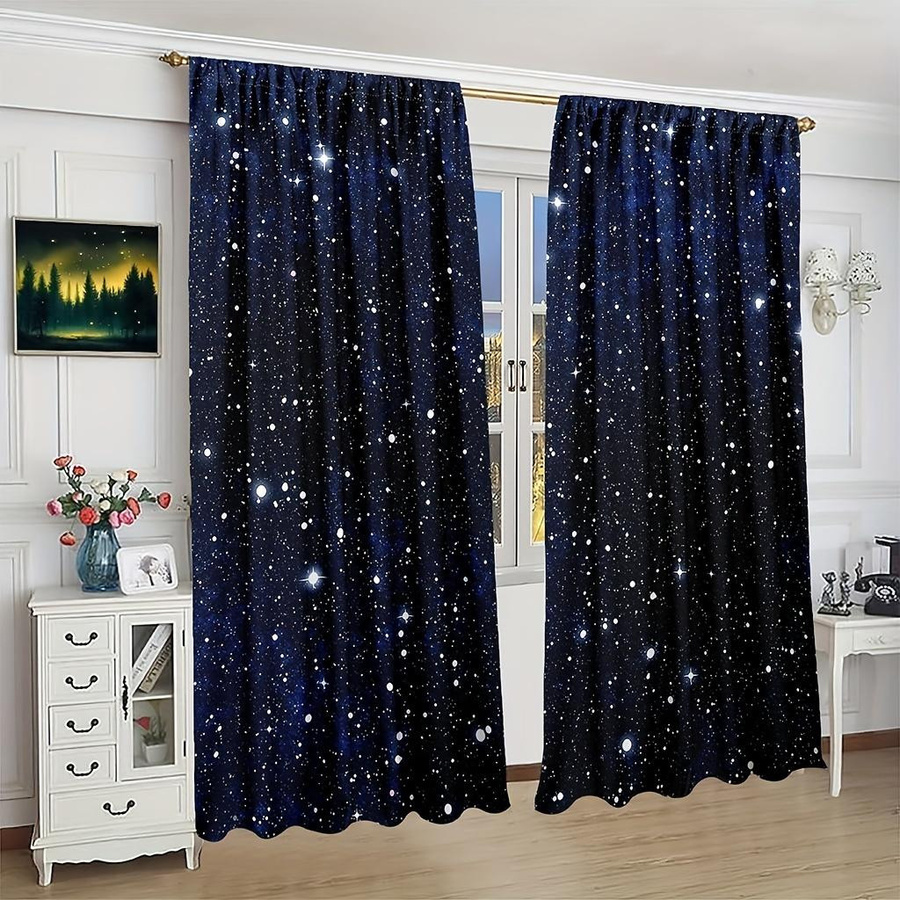 2er-Set Galaxy Sternenhimmel Vorhänge mit glänzenden Sternen in Schwarz, semi-transparent, Breite: 150 cm, Höhe: 166 cm - Bild 3