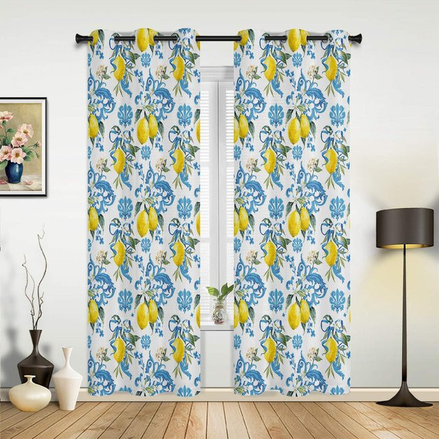 Moderne Vorhänge mit Aquarell-Zitronen-Motiv von Household supplies MH in Weiß und Gelb, halbtransparent, B: 135 cm, H: 137 cm, 2er-Set - Bild 1
