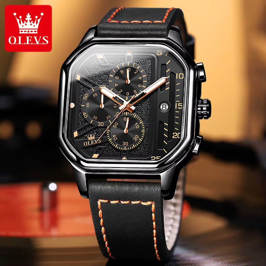 OLEVS Armbanduhr, Chronograph, Quarz, Leder, Schwarz, Herren - Bild 2