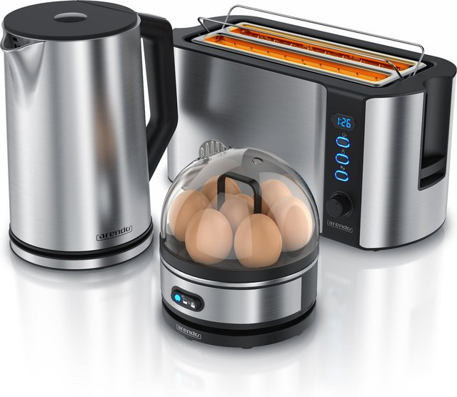 Arendo Frühstücksset 3-teilig in Silber aus Edelstahl mit 1,5l Wasserkocher, 4-Scheiben Langschlitz Toaster und 7er Eierkocher - Bild 1