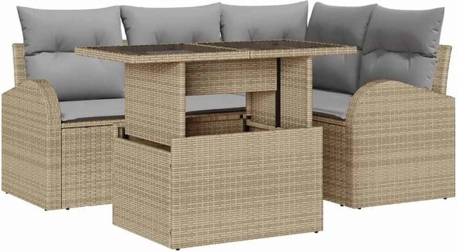 vidaXL Garten-Sofa-Set aus Poly Rattan und Stahl in Beige, 5-teiliges L-Shape Lounge-Set mit Kissen und integriertem Stauraum - Bild 1