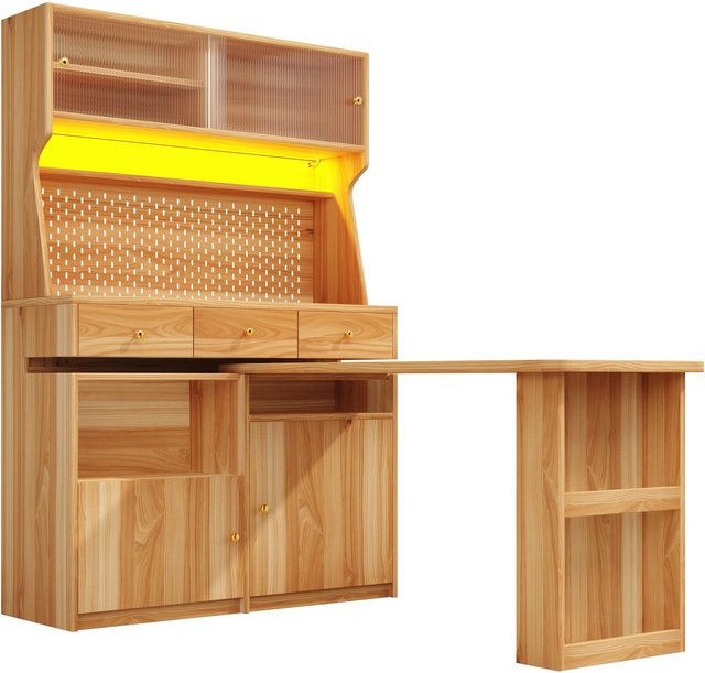 Merax Hochschrank in Naturbraun mit Glasfront, LED-Beleuchtung und integrierten Regalen, H x B x T: 177,7 x 74,0 x 74,0 cm - Bild 1