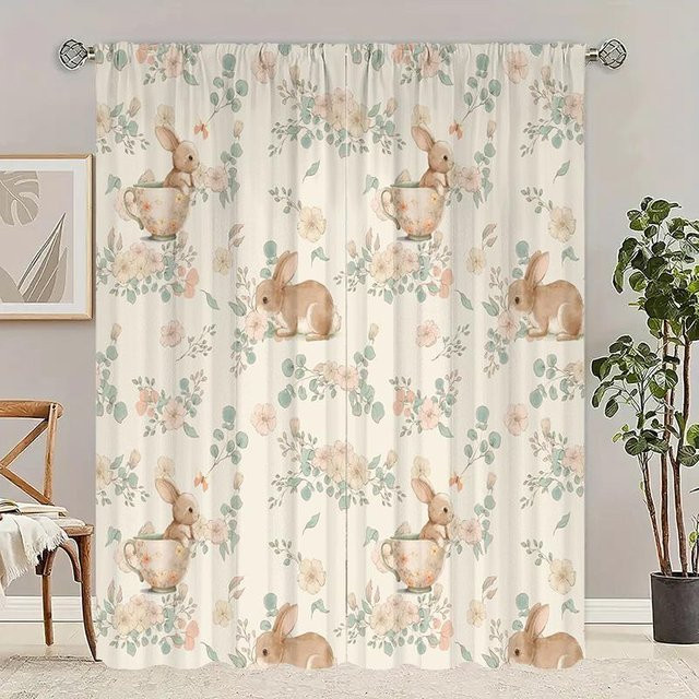 Tonnika Chen Vorhangset mit Blumen- und Blättermuster aus Polyester, 2 Stück, B: 100 cm, H: 70 cm, inklusive Aufhängungshaken - Bild 1