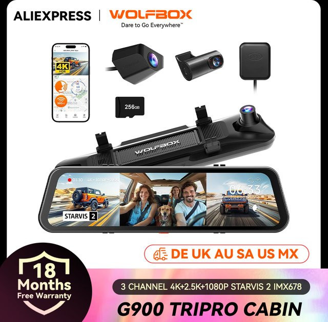 WOLFBOX G900 Tripro Kabinenversion 3-Kanal 4K Rückspiegelkamera mit STARVIS 2 IMX678 und Sprachsteuerung in Schwarz inklusive 256G Karte - Bild 1