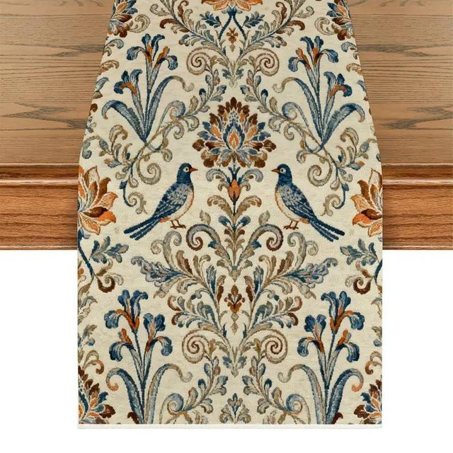 VIKAMA Tischläufer Morris Pflanze aus Leinen in Grau mit floralem Retro-Design, B/H: 33 x 230 cm - Bild 1