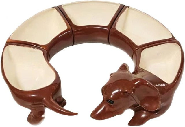 VELORA 5-teiliges Keramik-Serviergeschirr-Set in Dackel-Form, segmentiertes Tablett für Vorspeisen, Snacks und Gewürze, beige - Bild 1