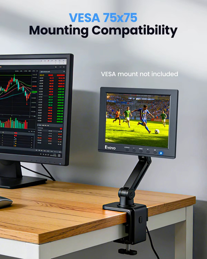 Eyoyo 8-Zoll Überwachungskamera-Monitor in Schwarz mit 1024x768 Auflösung, HDMI, VGA, BNC, AV und USB Anschlüssen sowie integrierten Lautsprechern - Bild 6
