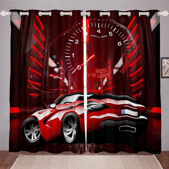 2er-Set Vorhänge mit Rennwagen-Motiv in Rot, semi-transparent, mit Ösen, Breite: 50 cm, Höhe: 130 cm - Bild 1