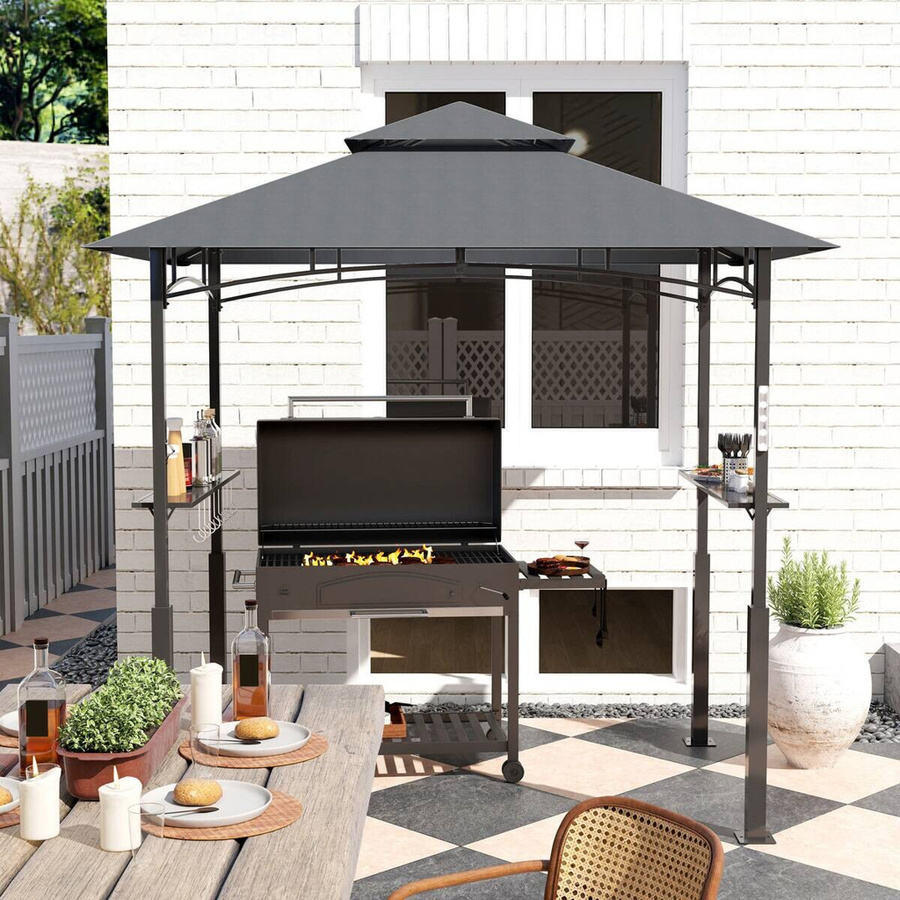 Outsunny Grillpavillon mit LED und Doppeldach in Grau, BBQ Pavillon aus Metall und Polyester, B/T/H: 243 x 148 x 248 cm - Bild 5