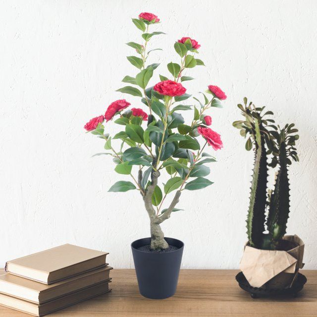 Uflower Kamelien-Topiary-Baum mit Topf und Pfahl, künstliche Pflanze in Rot, Höhe: 85 cm - Bild 1