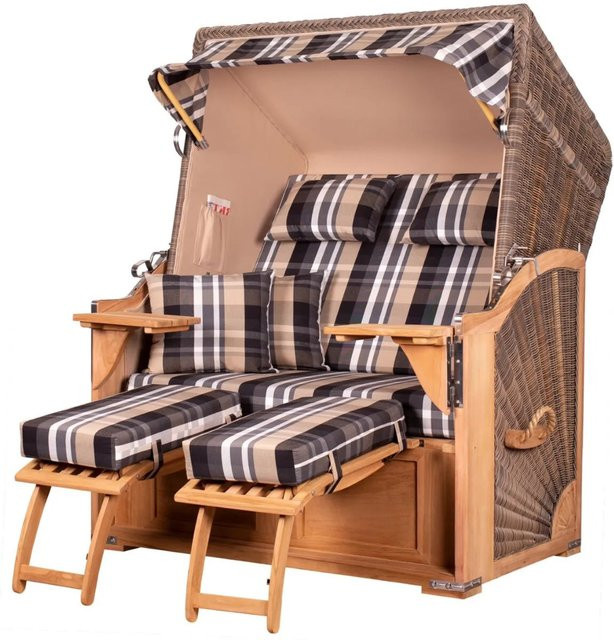 bene,iving Strandkorb Komplettset Schaalsee aus Teakholz und PE-Geflecht in Grau mit Sonnenverdeck, Armlehnen, Rollen und Getränkehaltern, B/T/H: 170 x 125 x 80 cm - Bild 1