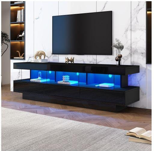 MUVOE TV-Ständer in Hochglanz Schwarz mit 3 Glasböden und LED-Beleuchtung sowie Bluetooth-Steuerung - Bild 1