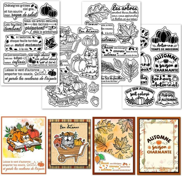 4 herbstliche Silikonstempel Set mit Katzen und Ahornblättern für die Kartenherstellung und Thanksgiving, transparent - Bild 1