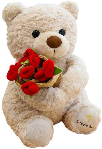 Rosenbär Teddybär mit Blumenstrauß, Plüschtier, beige, 38cm - Bild 1