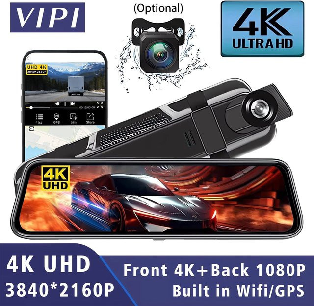 MYOLSD 4K Dash Cam Spiegel Dashcam mit Dual Objektiv, 10 Zoll IPS Bildschirm, GPS und Wi-Fi, Schwarz - Bild 1