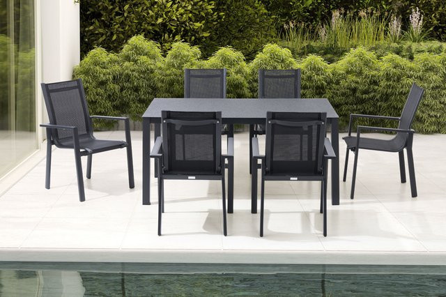 OUTFLEXX Garten-Essgruppe modern in Anthrazit Matt aus Alu, Spraystone und Textil mit 6 Stapelsesseln, Tisch B: 160 cm, T: 95 cm, H: 74 cm - Bild 1