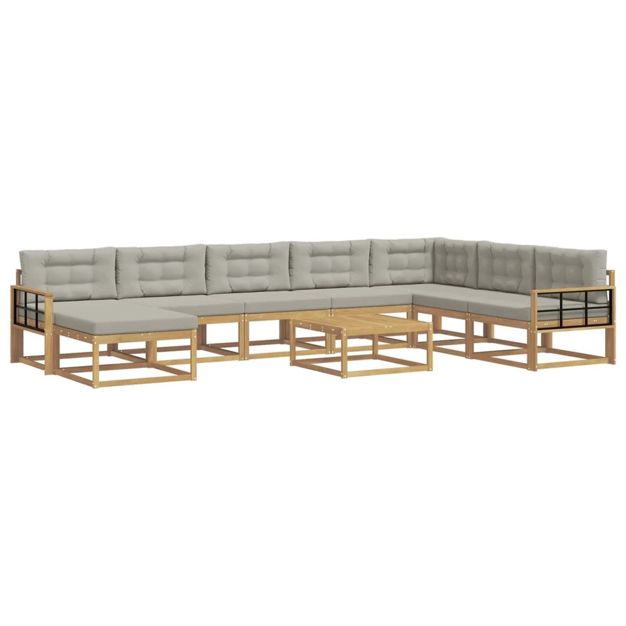 vidaXL Outdoor-Sofagarnitur L-Form aus massivem Akazienholz mit Polsterkissen in Weiß und Hellgrau, 9-teiliges Set - Bild 2