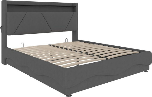 okwish Polsterbett Grau mit LED-Unterbettbeleuchtung, USB-Ladeanschluss und Seitentaschen, B/T/H: 160 x 200 x 116,5 cm - Bild 1