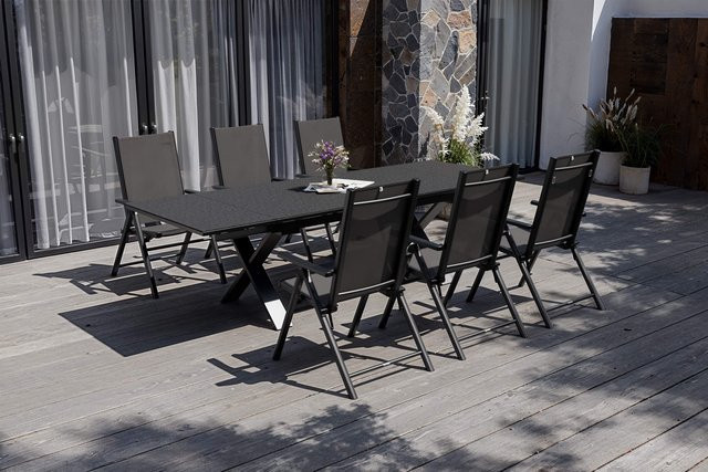 Kettler BasicPlus Pro Garten-Essgruppe in Anthrazit mit ausziehbarem Tisch und 6 Klappstühlen aus Aluminium und Textilene, Tisch B: 100 cm, T: 180/280 cm, H: 76 cm - Bild 1