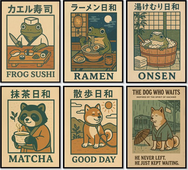 Potdemiel Japanische Retro-Tiere-Serie Leinwand Posterdruck als rahmenlose Wanddekoration für dein Wohnzimmer oder Schlafzimmer - Bild 1