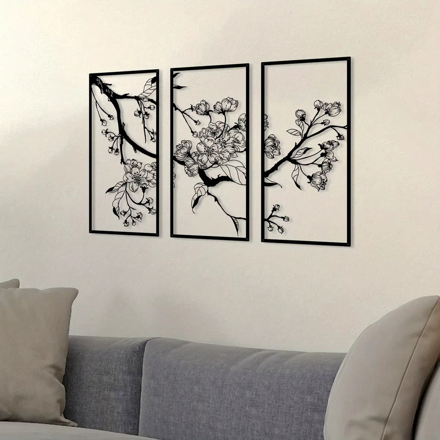 DDPNKL Wanddekoration mit Pfirsichblüten-Motiv aus schwarzem Metall, quadratische Wandkunst mit floralem Design - Bild 1