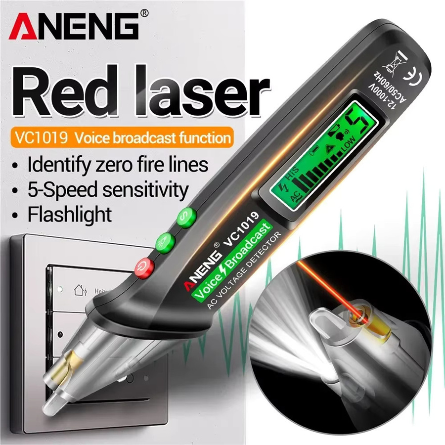 ANENG VC1019 Berührungsloser Spannungsprüferstift mit Sprachübertragung und rotem Laser zur Erkennung von 12–1000 V in Rot und Schwarz - Bild 2