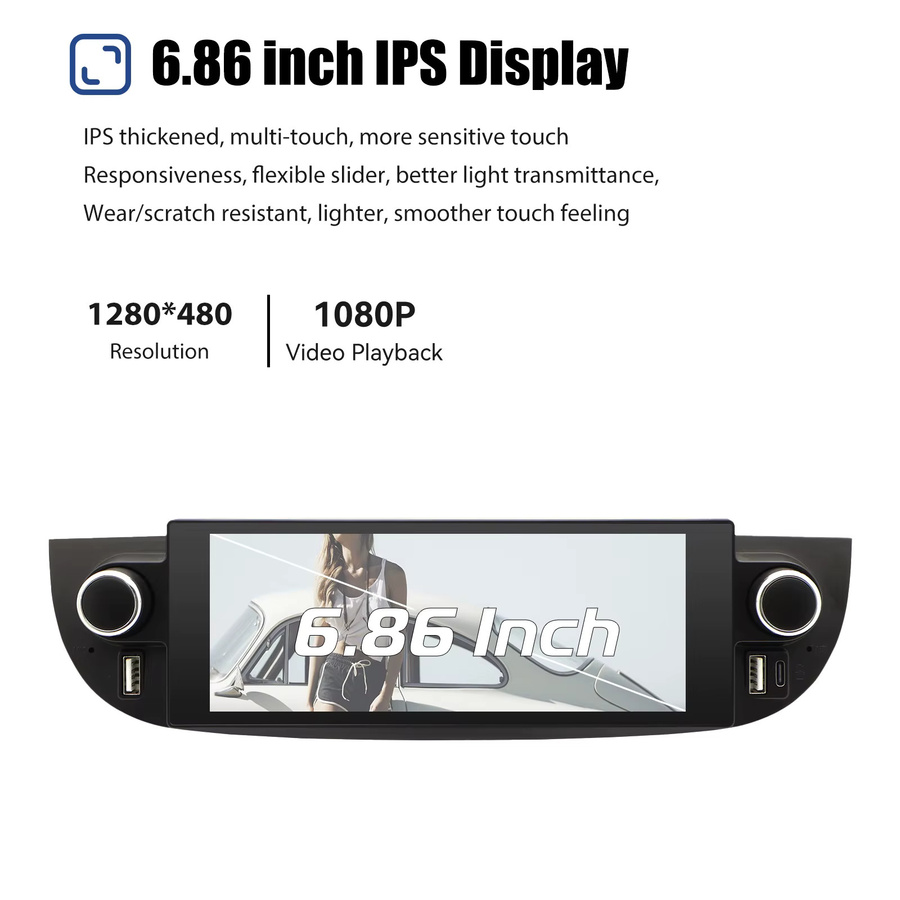 ESSGOO Android 14 Autoradio für Fiat 500 (2007-2015) mit 6.86 Zoll HD Touchscreen, Bluetooth, Apple CarPlay, Android Auto, GPS, WiFi, DAB+ und Lenkradsteuerung in Schwarz - Bild 2