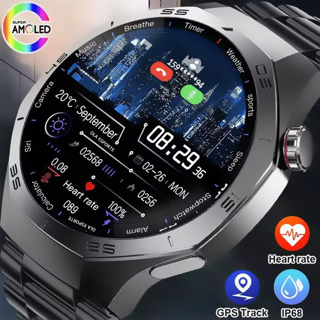 Ola Esporte Smartwatch Ht30 mit HD AMOLED-Bildschirm, GPS, Herzfrequenzmessung und Bluetooth-Anrufen, wasserdicht, kompatibel mit Android und iOS, Farbe: Schwarz/Silber - Bild 1