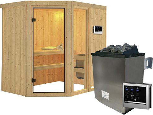 Karibu Sauna Paide 1 aus Fichtenholz mit 9 kW Saunaofen und externer Steuerung für 3 Personen, beige, B/T/H: 198 x 151 x 196 cm - Bild 1