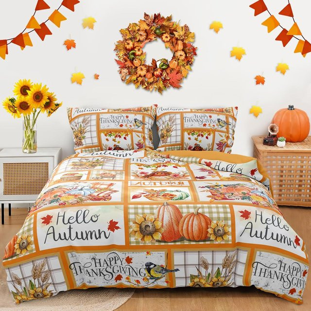 Creative Homewares Patchwork Bettwäsche Set Erntedank Herbst Design mit Truthahn Kürbis und Sonnenblume, Multicolor, B/H: 135 x 200 cm - Bild 1