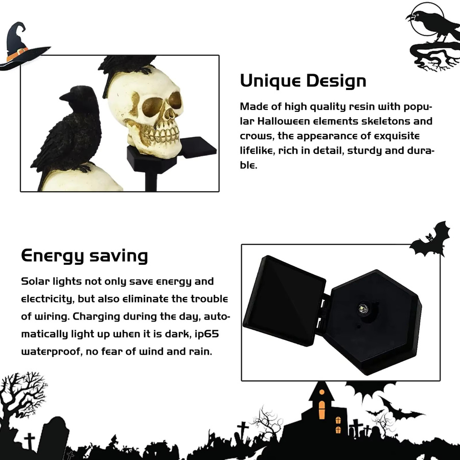 Solar-Halloween-Schädel-Pfahl-Lichter aus wasserfestem Harz und Kunststoff in Weiß und Schwarz mit warmweißem Licht für Garten und Außenbereich - Bild 6