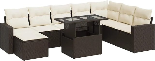 vidaXL 9-tlg. Garten-Sofagarnitur in L-Form aus braunem Poly-Rattan mit cremeweißen Kissen und pulverbeschichtetem Stahlgestell - Bild 1