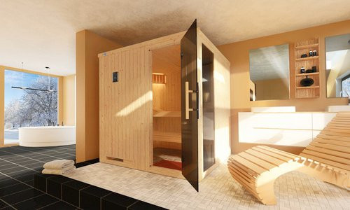 WEKA Elementsauna Halmstad 2 Sparset mit 5,4 kW Kompakt-Glastür und Fenster in Beige und Grau, B/H/T: 194 x 199 x 177 cm - Bild 1