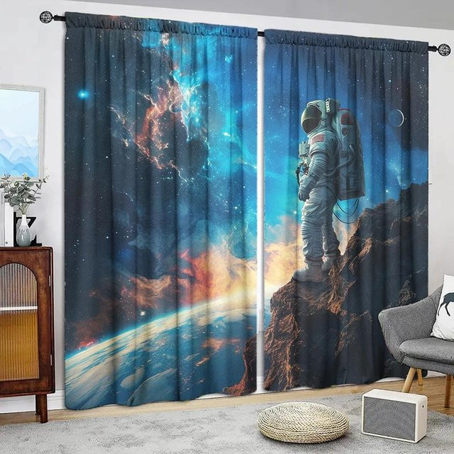 2er-Set Astronauten-Vorhang mit Grafikdruck in Blau, halbtransparent, B: 52,5 cm, H: 116 cm - Bild 1