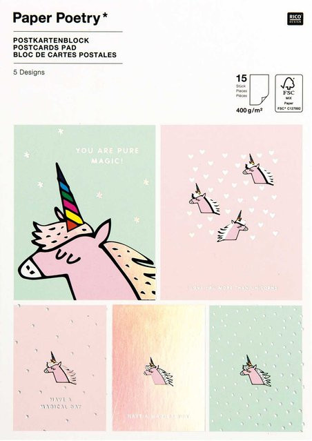 Rico Design Paper Poetry Postkartenblock Einhorn mit 15 Stück und 400g/m² - Bild 1