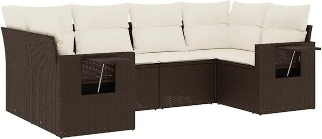 vidaXL 6-teilige Garten-Sofagarnitur in L-Form aus braunem Poly-Rattan mit Kissen und Stauraum - Bild 1