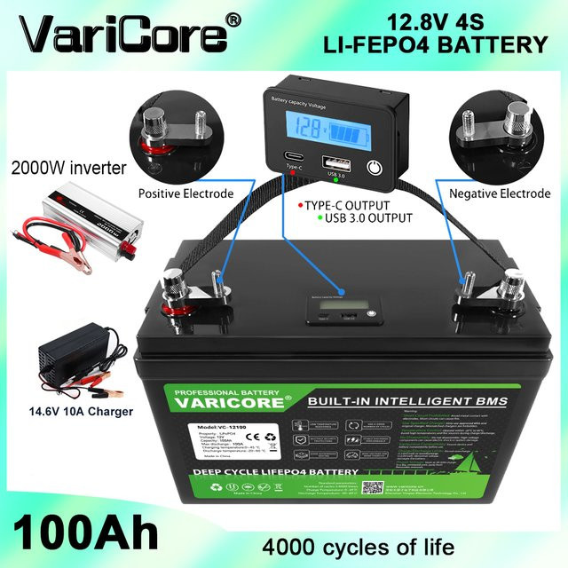 VariCore LiFePO4 Batteriepack 12,8V 100Ah mit 4-Saiten-BMS in Schwarz für Wohnmobile, Golfcarts und Solar- sowie Windenergieanlagen - Bild 1