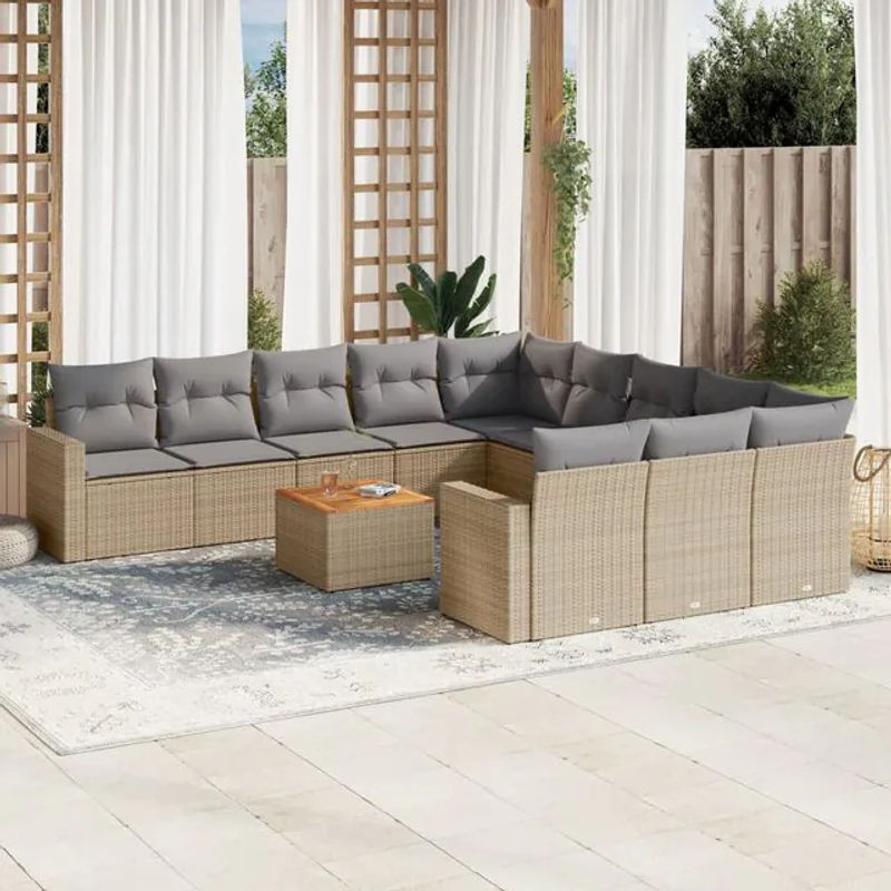 Vidaxl Gartenmöbel-Set aus Polyrattan und Akazie mit 12 Teilen und Kissen, Beige - Bild 1