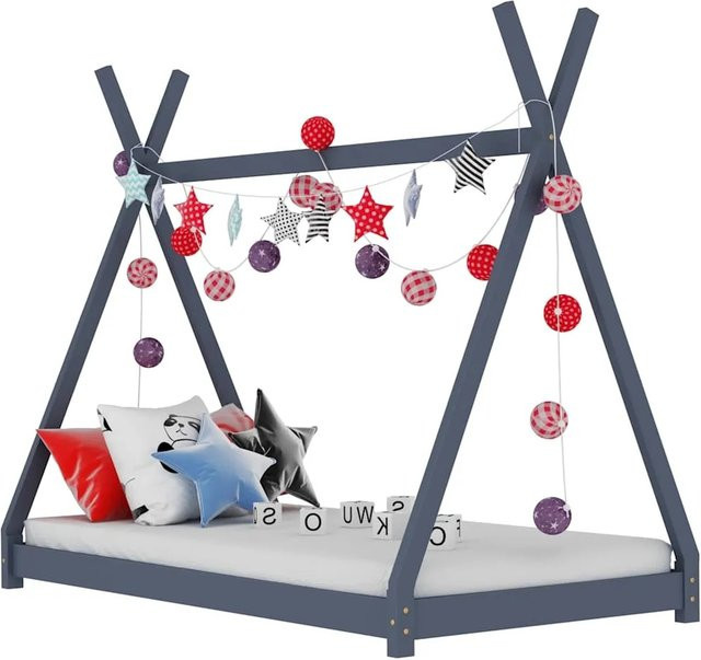 vidaXL Kinder-Bettgestell im Tipi-Stil aus Massivholz Kiefer, Grau, B/T/H: 160 x 80 x 86 cm - Bild 1