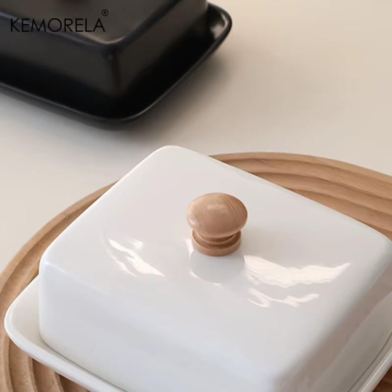 KEMORELA Keramik-Butterdose mit Deckel und Wasserverschluss, rechteckige Käseaufbewahrungsbox aus Keramik in Schwarz oder Weiß, B/T/H: 14,9 x 7,5 x 7,5 cm - Bild 3