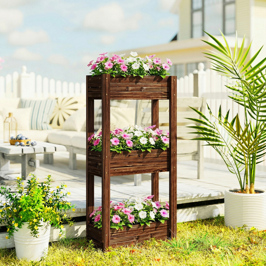 Outsunny Hochbeet aus Fichtenholz in Braun mit 3 Ebenen und Vliesauskleidung, B/T/H: 60 x 25 x 120 cm - Bild 2