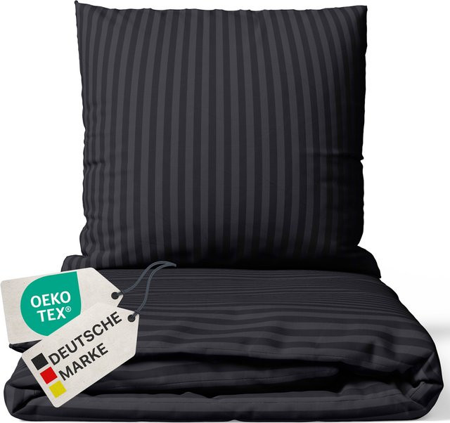 NYVI Bettwäsche Set DreamScience aus Mikrofaser mit Damast-Jacquard-Muster in Schwarz, atmungsaktiv und weich, inklusive Reißverschluss, B/T/H: 155 x 220 cm und 80 x 80 cm - Bild 1