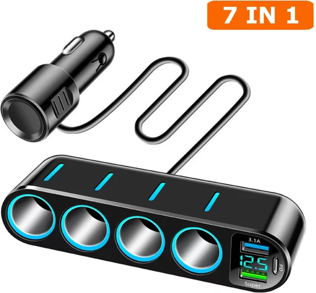 kebidumei 7-in-1 Auto-Schnellladegerät Adapter für 12-24V mit Vierfach-Zigarettenanzünder und Dual USB PD 66W in Schwarz - Bild 1