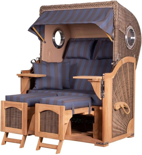 bene,iving Strandkorb Komplettset Ammersee Modell 582 aus Teakholz und PE-Rattan in Grau mit Bullauge und Zubehör - Bild 1